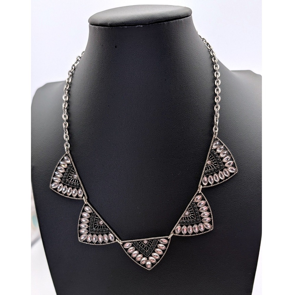 Silver Tone Geometric Triangle Bib Statement Necklace Black Clear Rhinestone